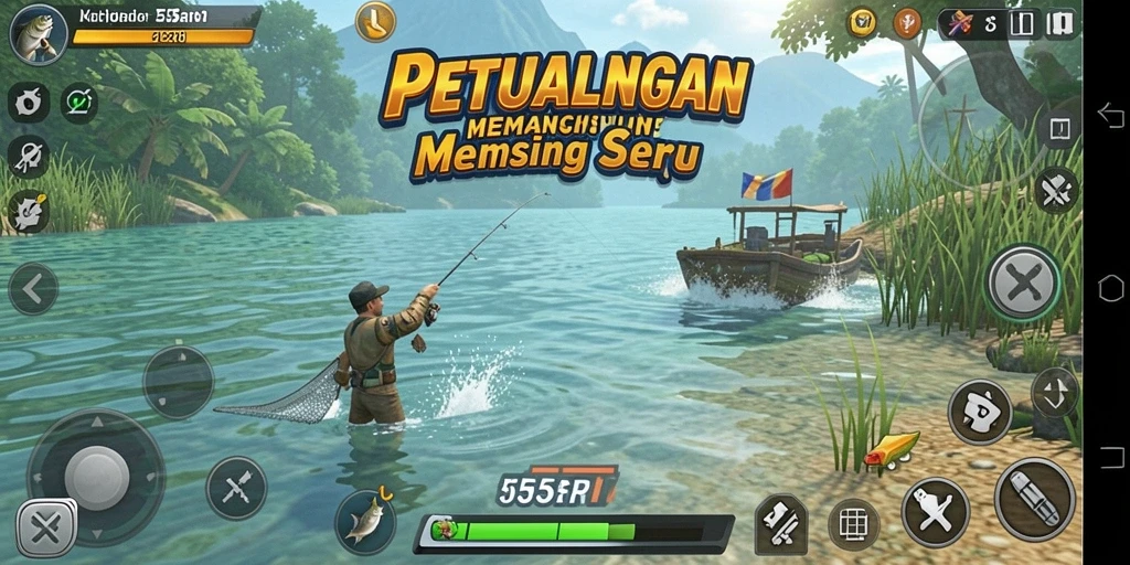 Tampilan gameplay 55RT dengan pengalaman memancing yang realistis.