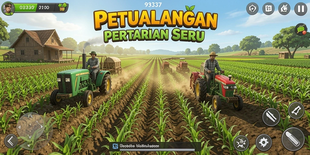 Screenshot gameplay 93337 menampilkan ladang yang subur dan aktivitas bertani.