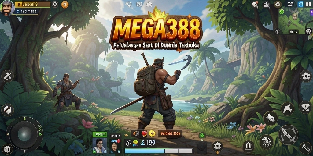 Screenshot gameplay MEGA388 menunjukkan eksplorasi dunia terbuka yang luas.
