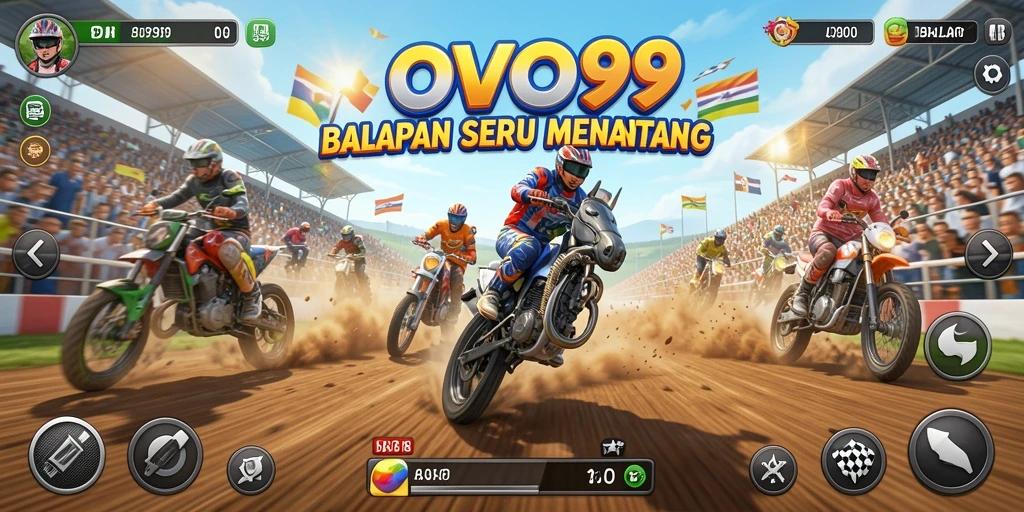Screenshot gameplay OVO99 menunjukkan aksi balap yang intens.