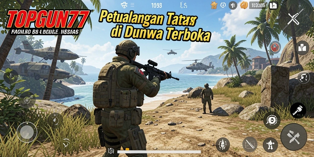 Tangkapan layar dari gameplay <strong>TOPGUN77</strong> menampilkan suasana dunia terbuka yang luas.